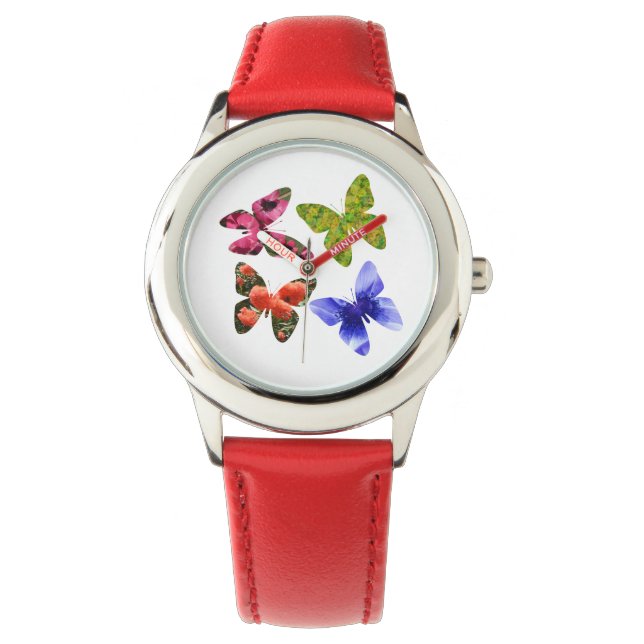 Four Flower Butterflies, Kids Leather Watch (Front)