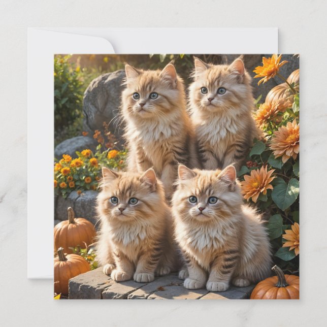 Four Fluffy Autumn Kittens with Pumpkins and Mums (Front)