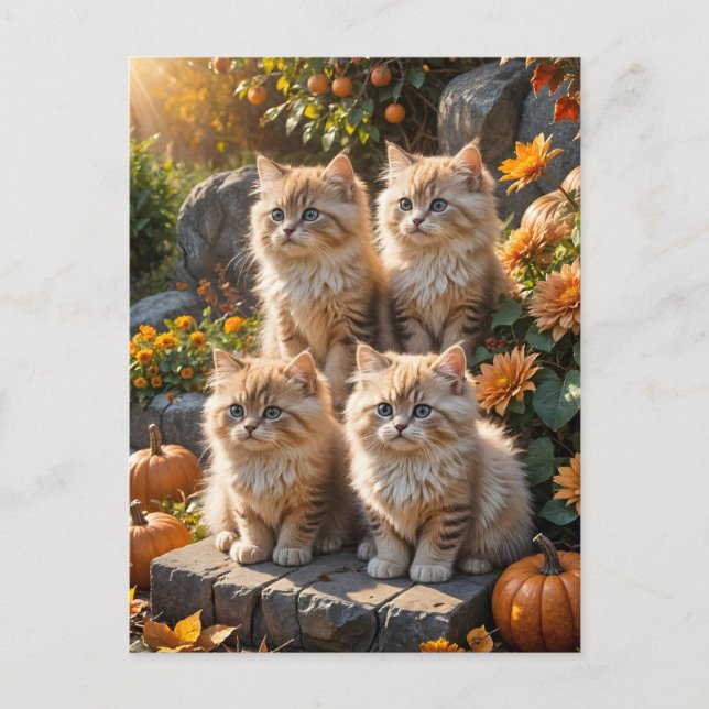 Four Fluffy Autumn Kittens with Pumpkins and Mums Postcard (Front)
