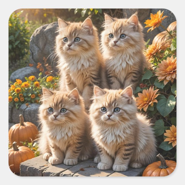 Four Fluffy Autumn Kittens with Pumpkins and Mums Square Sticker (Front)