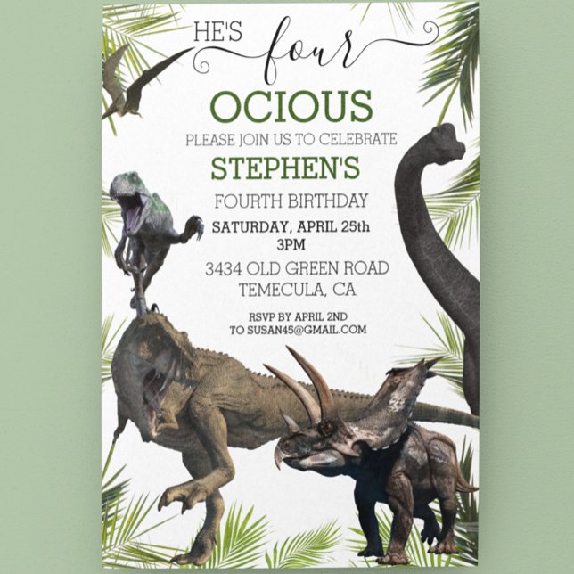 Four Fourth Dinosaur Tyrannosaurus Raptor Birthday Invitation (Creator Uploaded)