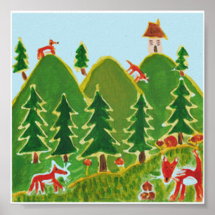Four Foxes on the hills painting Poster