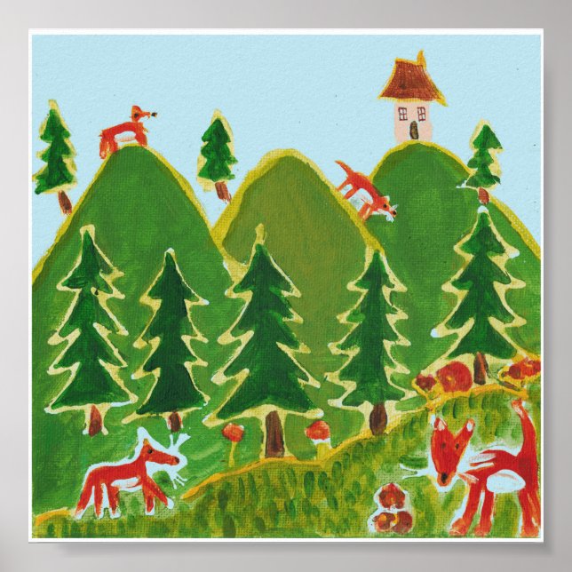Four Foxes on the hills painting Poster (Front)