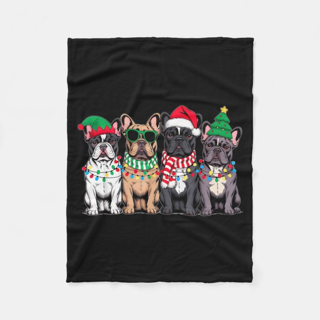 Four French Bulldog Dogs Christmas Funny Santa Rei Fleece Blanket (Front)