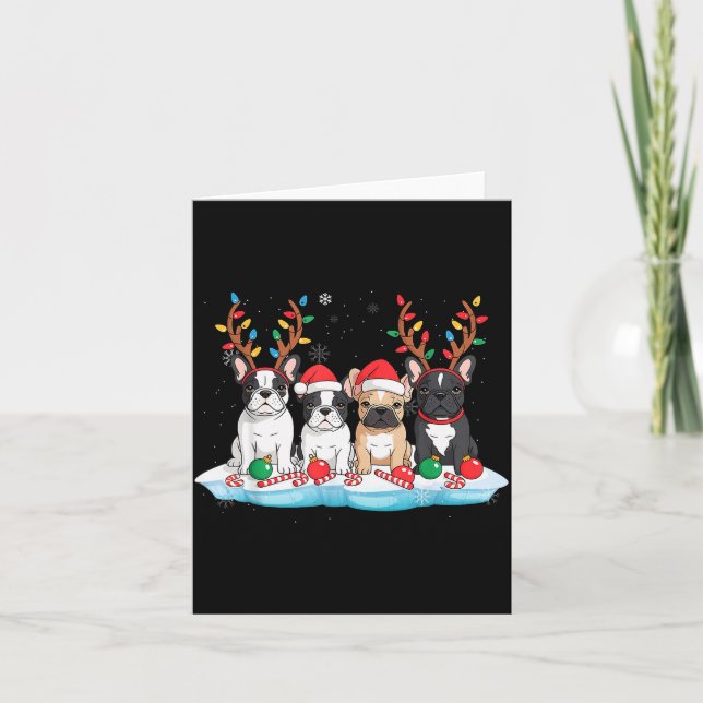 Four French Bulldog Dogs Christmas Light Reindeer  Card (Front)