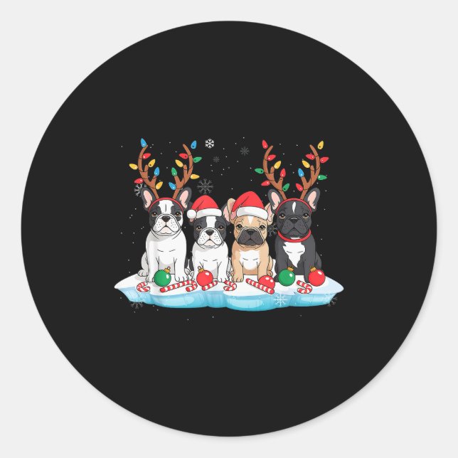 Four French Bulldog Dogs Christmas Light Reindeer  Classic Round Sticker (Front)