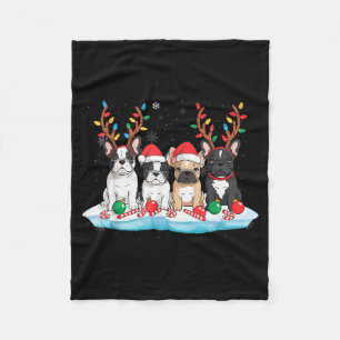 Four French Bulldog Dogs Christmas Light Reindeer Fleece Blanket