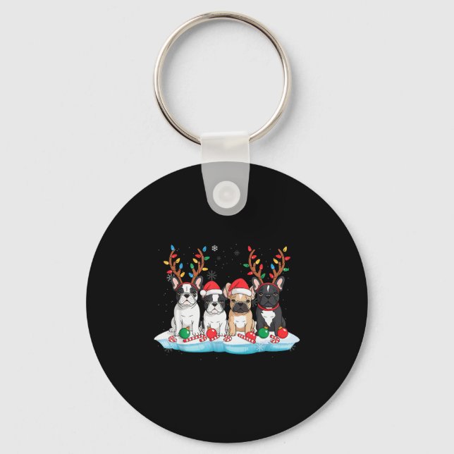 Four French Bulldog Dogs Christmas Light Reindeer  Key Ring (Front)