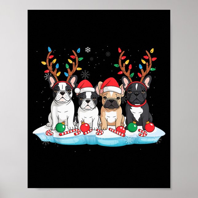 Four French Bulldog Dogs Christmas Light Reindeer  Poster (Front)