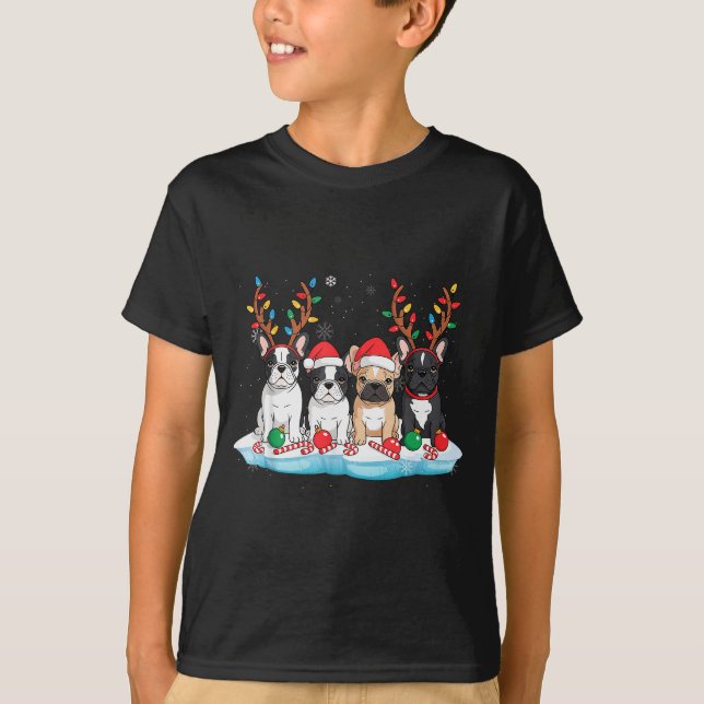 Four French Bulldog Dogs Christmas Light Reindeer  T-Shirt (Front)