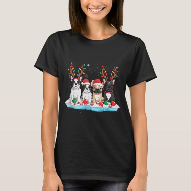 Four French Bulldog Dogs Christmas Light Reindeer  T-Shirt (Front)