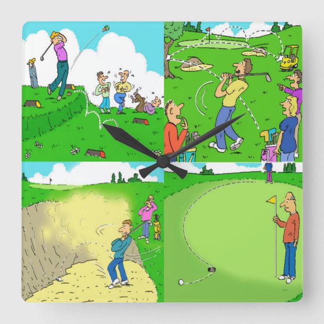 Four Funny Cartoons of Golf. Square Wall Clock (Front)