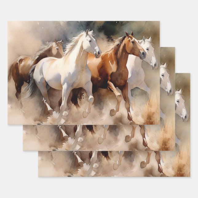 “Four Galloping Mustangs” Dusty Western Watercolor Wrapping Paper Sheet (Set)