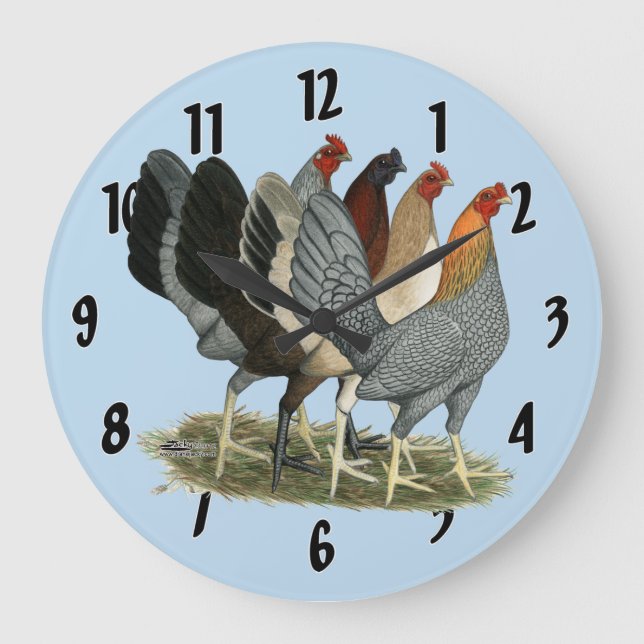 Four Gamefowl Hens Large Clock (Front)