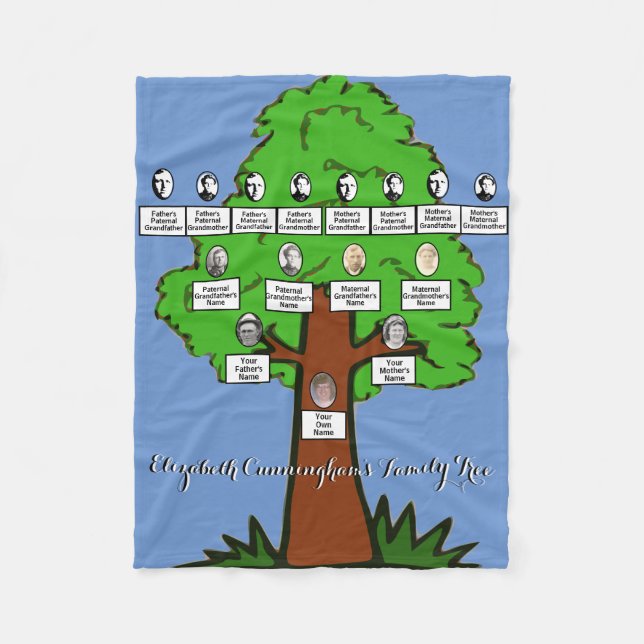 Four Generation Photo Family Tree Drawing Blue Fleece Blanket (Front)