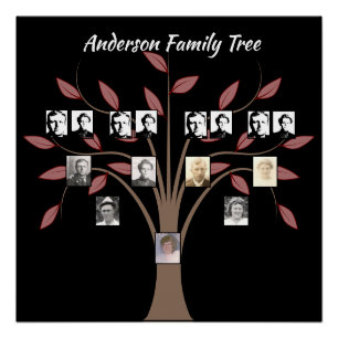 Four Generation Photo Family Tree Whispy Red Leaf Poster