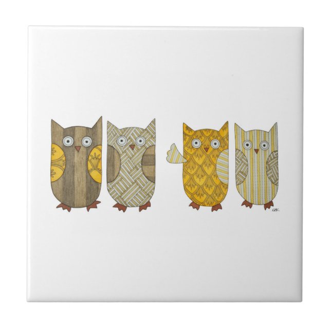 Four Gold Owls Ceramic Tile (Front)