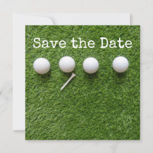 Four golf balls with tee on green grass save the date