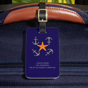 Four Gray Anchors Around The Orange Starfish Luggage Tag