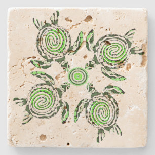 Four Green Turtles Dot Art, Stone Coaster