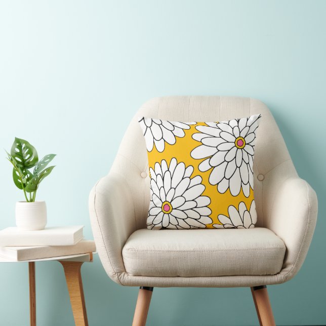 Four Hand Drawn Zinnias Yellow Background Cushion (Chair)