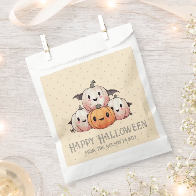 Four Happy Pumpkin Bats Yellow Happy Halloween Favour Bags (Clipped)
