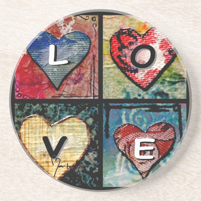 Four Hearts in Mixed Media - LOVE Coaster (Front)