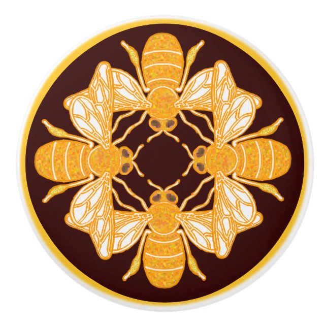 Four heraldic bees on rich chocolate brown ceramic knob (Front)
