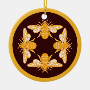 Four honey bees on pattern in circle ceramic tree decoration