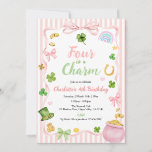 Four is a Charm Girl 4th Birthday Pink Shamrock Invitation