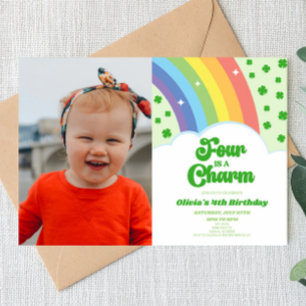 Four Is A Charm Rainbow Clover 4th Birthday Party Invitation