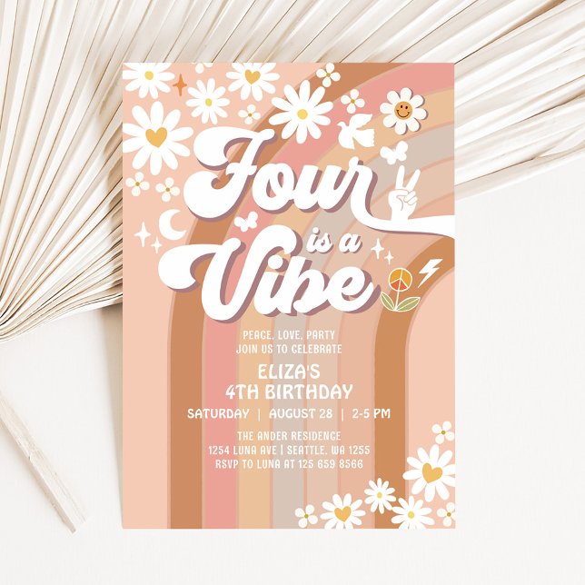 Four is a Vibe Groovy 4th Daisy Rainbow Birthday Invitation (Creator Uploaded)