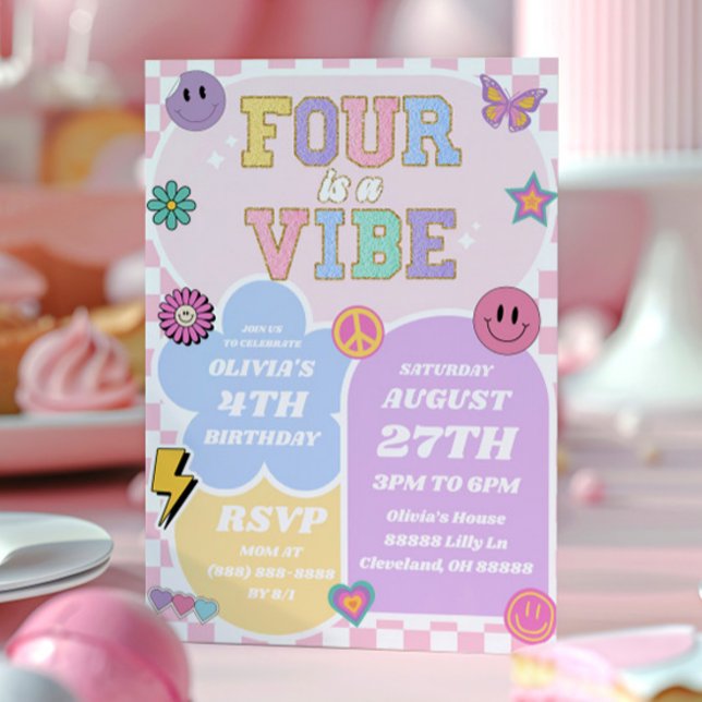 Four Is A Vibe Preppy Patch 4th Birthday Party Invitation (Creator Uploaded)