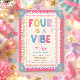 Four Is A Vibe Whimsical Girl 4th Birthday Party Invitation