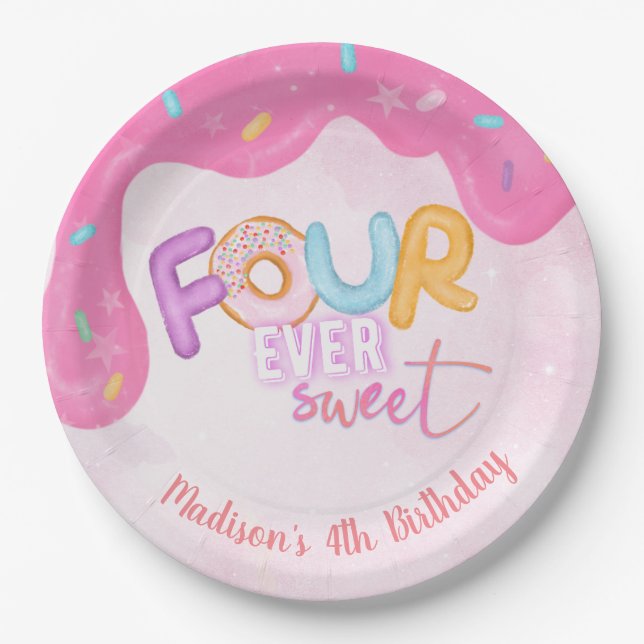 four is so sweet Pink Frosting Paper Plate (Front)
