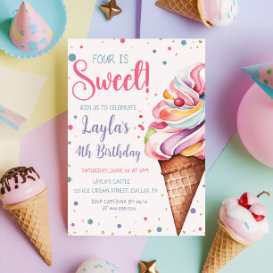 Four is Sweet Ice Cream 4th Birthday Invitation