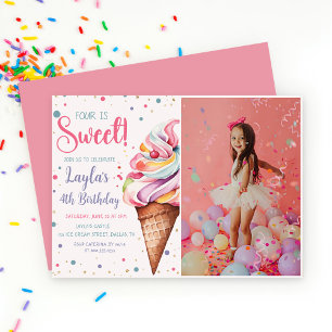 Four is Sweet Ice Cream 4th Birthday Photo Invitation