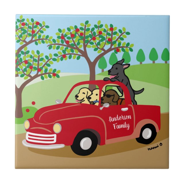 Four Labradors and Red Truck Family Tile (Front)