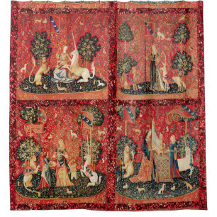 FOUR LADY AND UNICORN STORIES Red Green Floral Shower Curtain