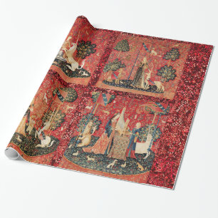 FOUR LADY AND UNICORN STORIES Red Green Floral Wrapping Paper