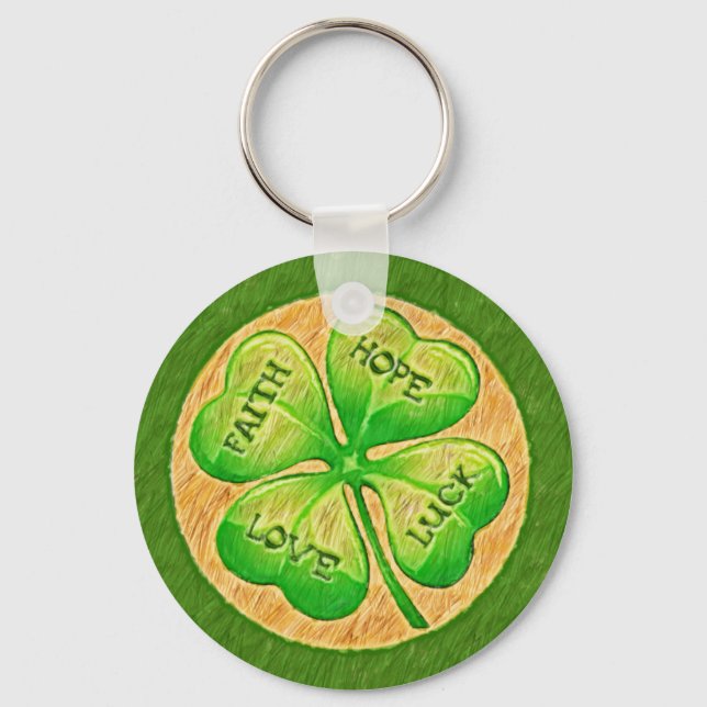 Four Leaf Clover - Faith Hope Love Luck Key Ring (Front)