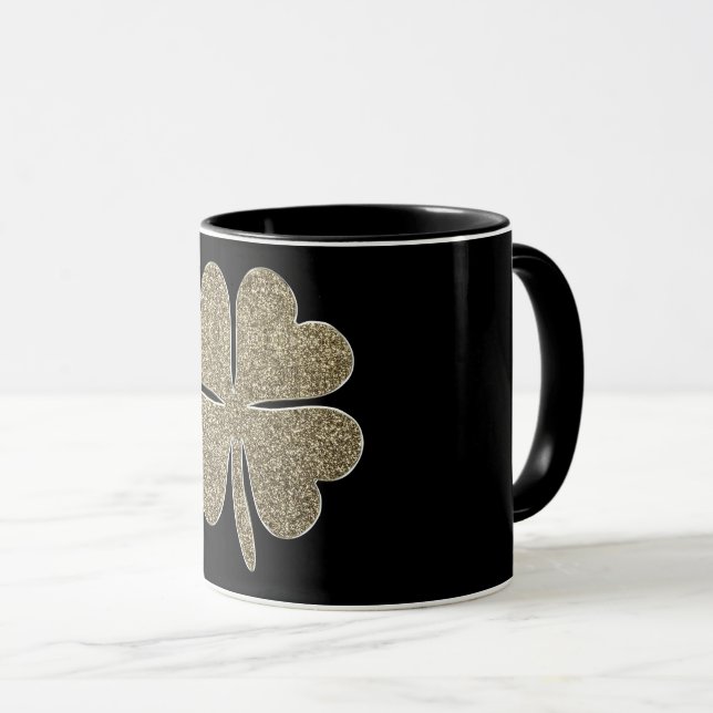 Four Leaf Clover Good Luck Symbol Black and Gold Mug (Front Right)