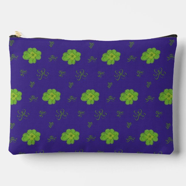 Four-Leaf Clover Green and Dark Blue Accessory Pouch (Front)