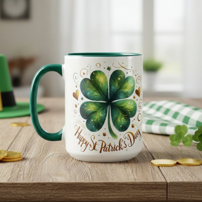 Four Leaf Clover Green and Gold St Patrick's Day Mug (Four Leaf Clover Green and Gold St Patrick's Day Mug)