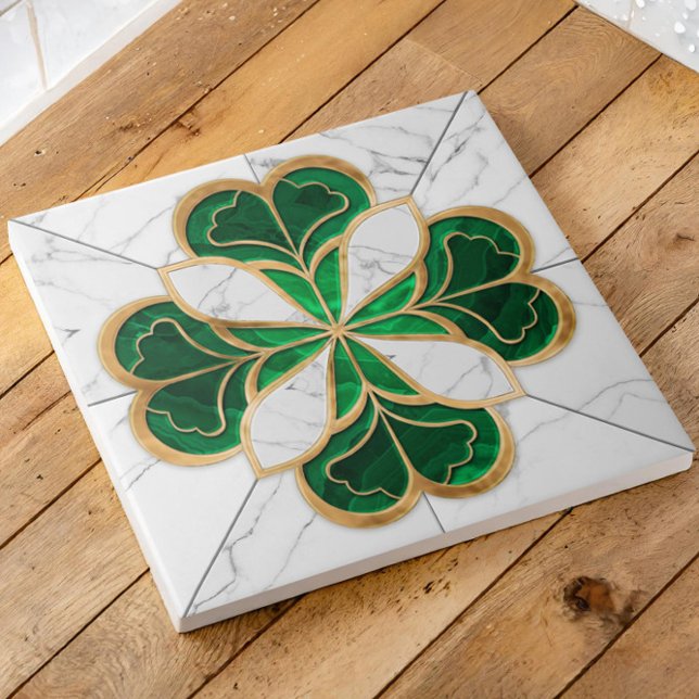 Four-leaf clover - Green and White Marble and Gold Tile (Creator Uploaded)