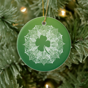 Four Leaf Clover Green Mandala Ceramic Tree Decoration