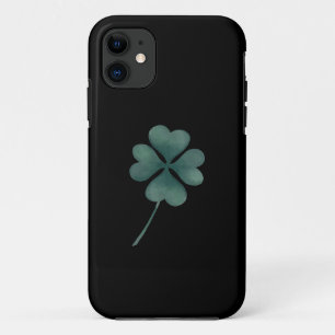 Four Leaf Clover Green On Black Watercolor iPhone 11 Case