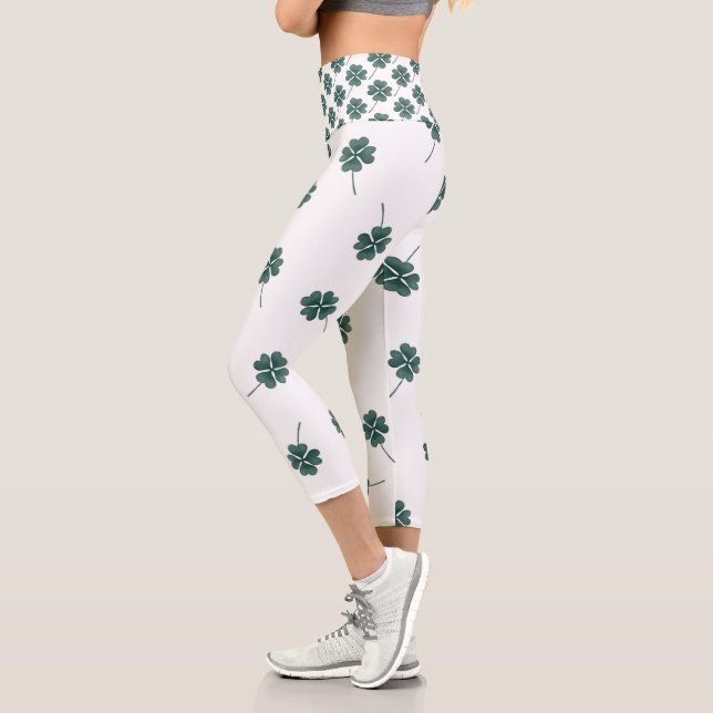 Four Leaf Clover Green Watercolor Capri Leggings (Left)