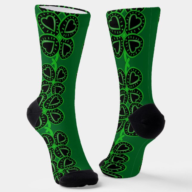 Four-leaf Clover Heart modern St Patrick's Day Socks (Angled)
