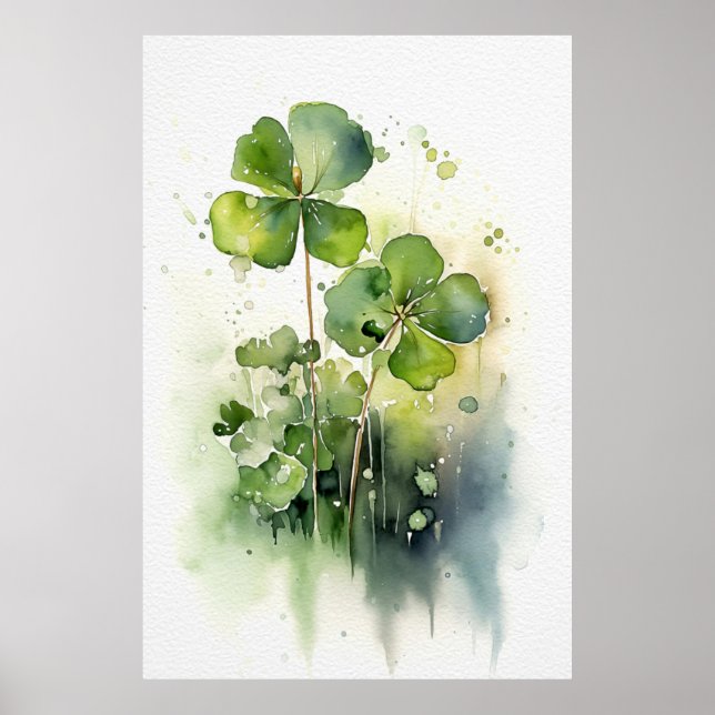 Four Leaf Clover Painting Irish Watercolor Poster (Front)